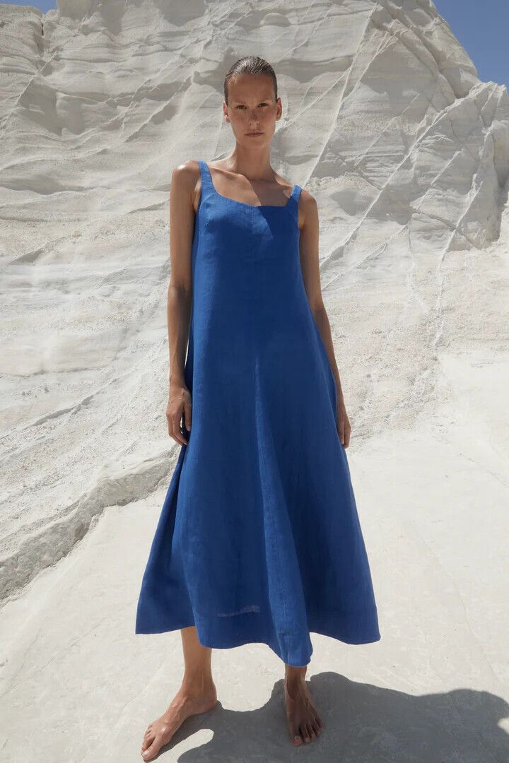Bondi Born Delphi Flared Maxi Dress Size Large - Sapphire Blue Organic Linen BNWT