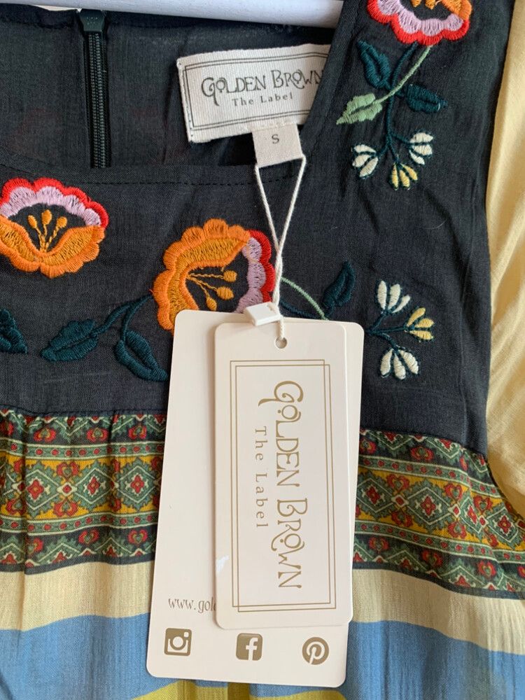 Golden Brown The Label Sundance Maxi Dress with appliqué flower design