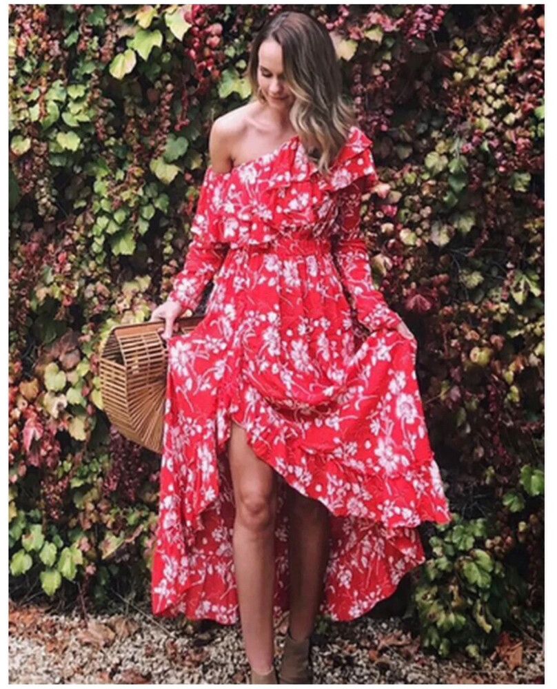 Steele Wildflower Dress Size M Medium Red Floral Ruffle Long Sleeve Midi