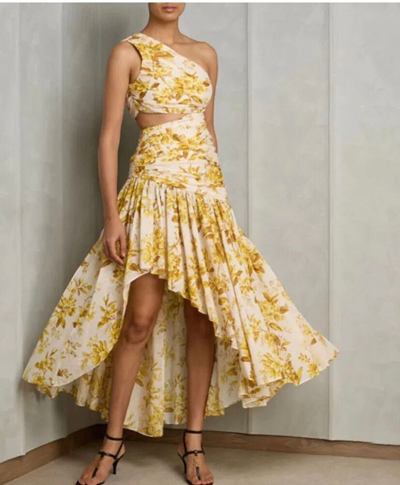 slim fit dress slacks Zimmermann Crush Asymmetrical Midi Dress Yellow Floral main image 0