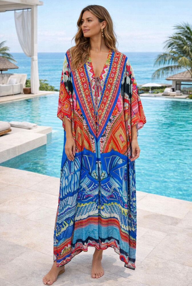 Camilla Colour Me Baby Kaftan Size OS One Size Silk Lace Up Maxi Resort Dress