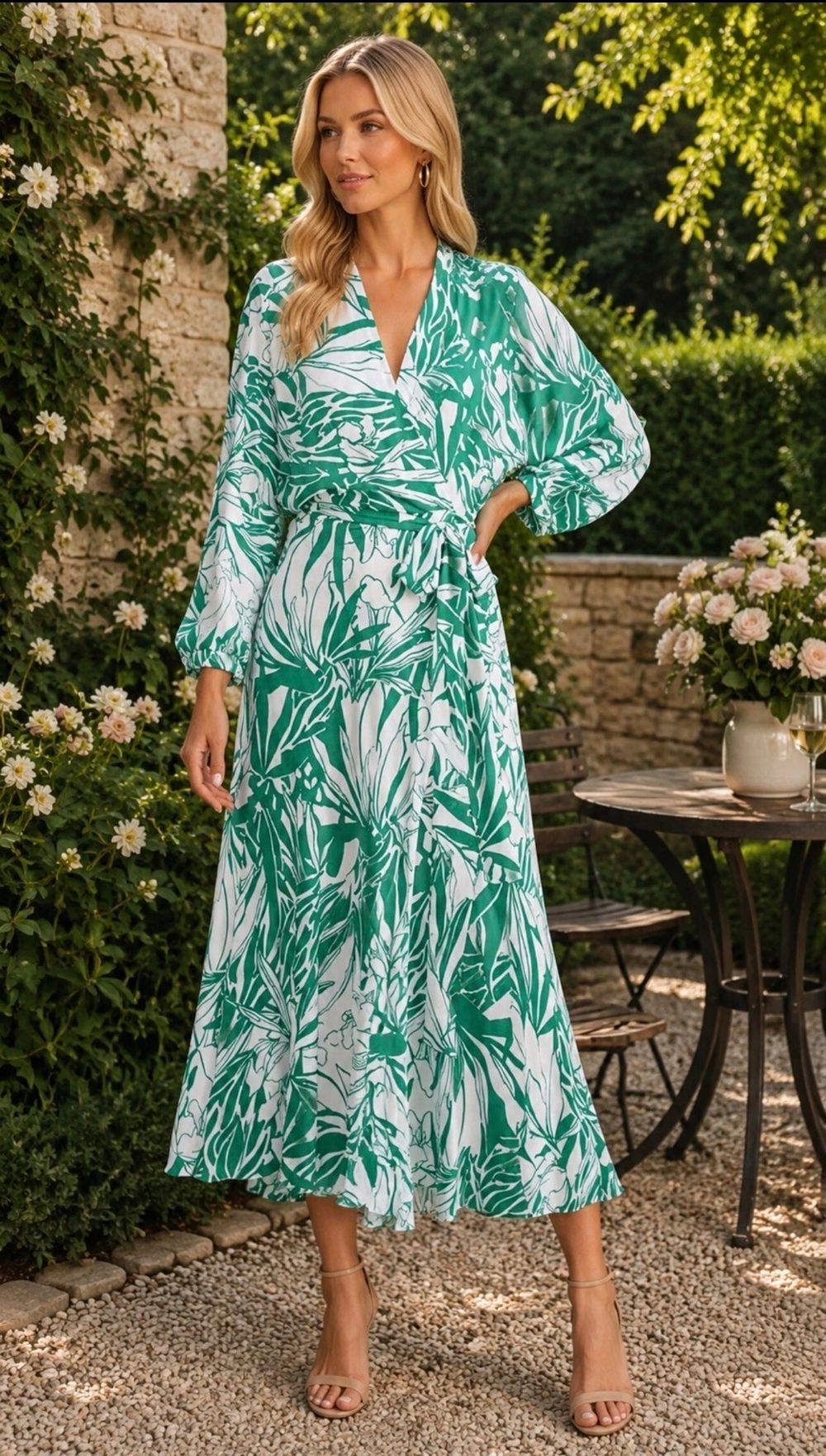 Sheike Maxi Dress Size AU 16 US 12 Wrap Green White Palm