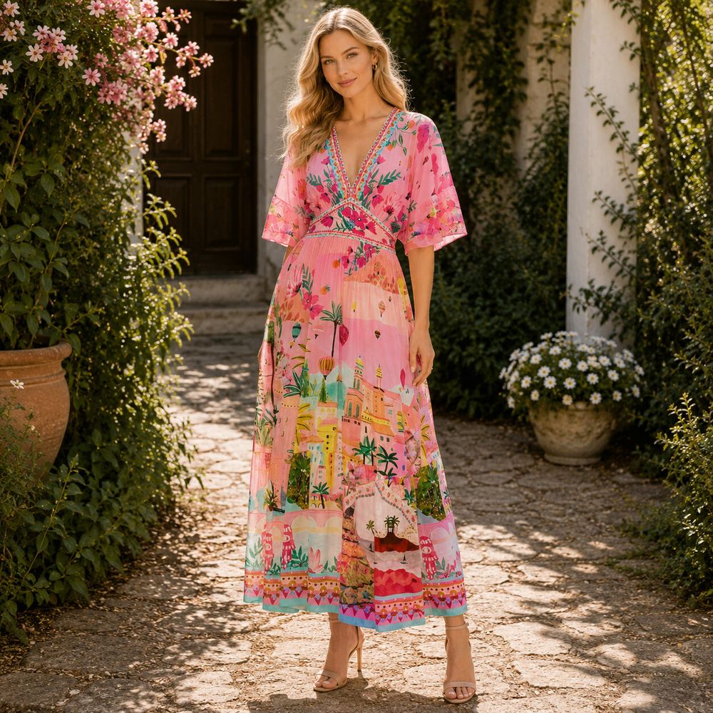 Camilla Sister Sunset Dress Size XXL AU 18 US 14 Waisted With Hem Ruffle Pink