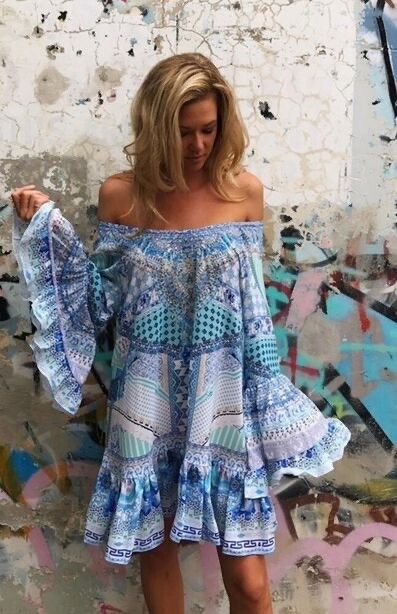 Camilla Day Dreamer Dress ALine Frill Size Small AU10 Mini Blue White Silk