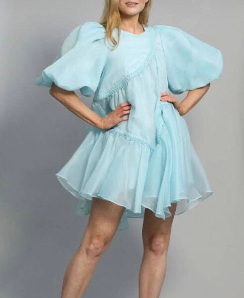 Aje - Riviera Asymmetric Braided Puff Sleeve Smock Dress Blue on Designer  Wardrobe