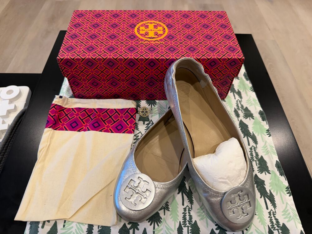 Tory Burch Silver Minnie Travel Ballet Flats