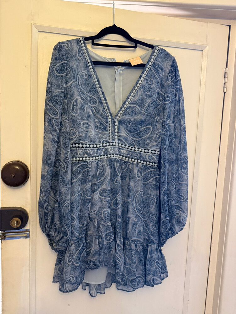 Sage and Paige blue paisley dress with white pom poms. Size10