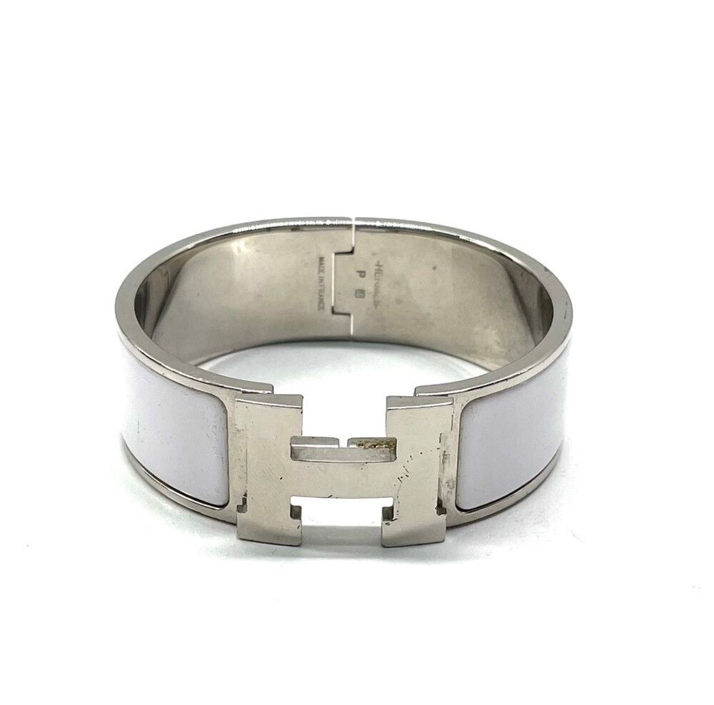 Authentic Hermès Hermes H Motif Click Clack GM Bracelet Silvery White