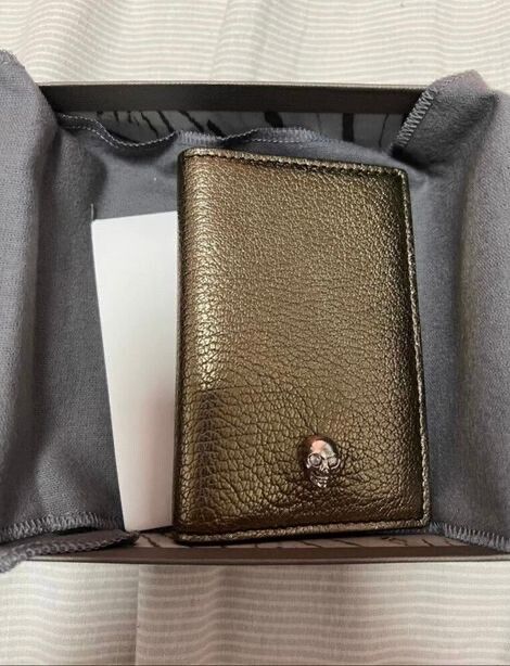 Authentic Alexander McQueen Metallic Gold Leather Skull Bifold Card Holder