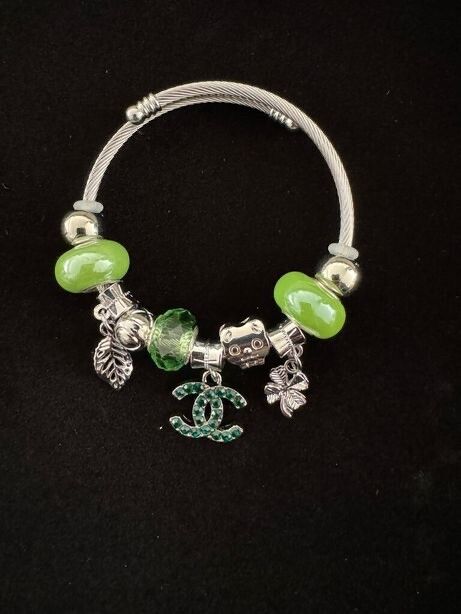 Chanel Classic Double C Logo Bracelet — Dark Green Crystal