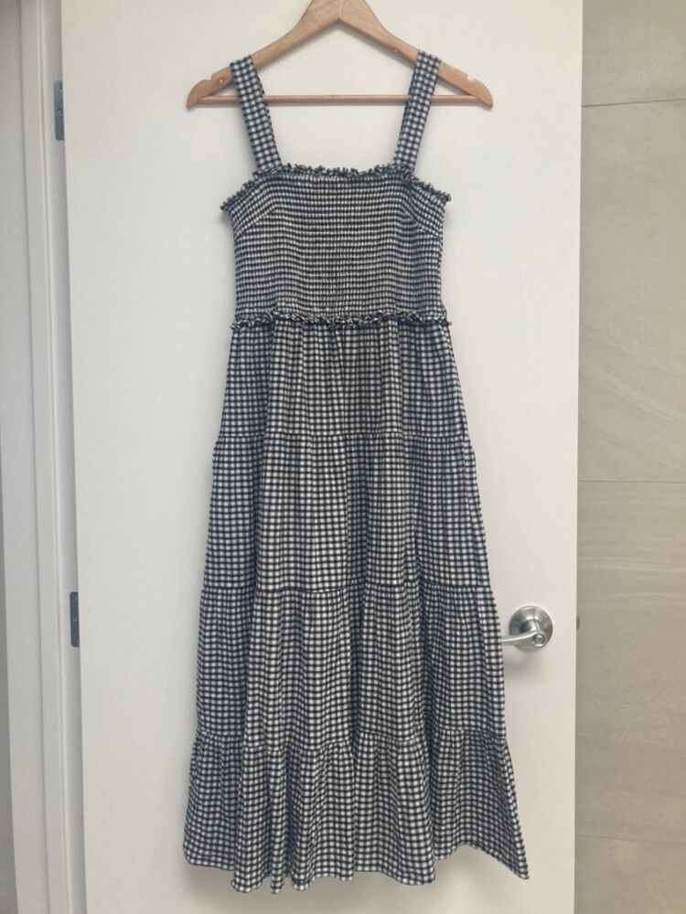 seed gingham midi dress Seed Heritage Navy Gingham Balloon Sleeve Midi Dress
